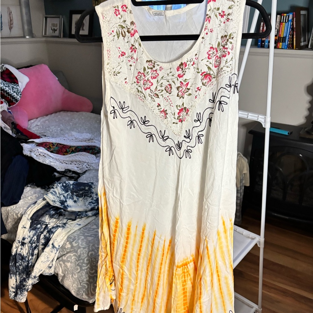 Boho Embroidered Tie-Dye Maxi Dress - White & Yellow